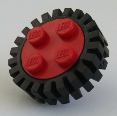 LEGO - Rad / Felge, rot mit 4 Noppen und Reifen, schwarz, (2 Stück), # 7039c03